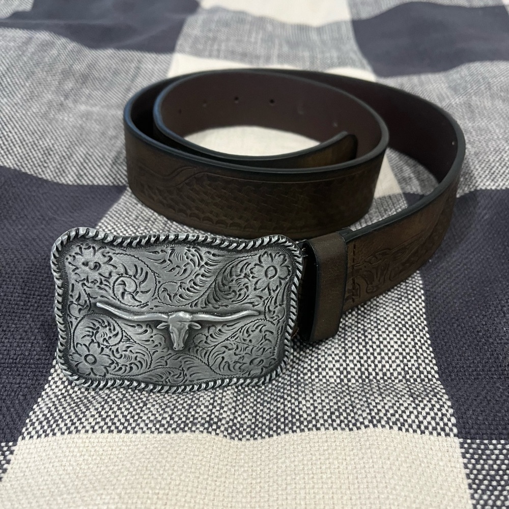 Brown Leather Belt with Silver Buckle